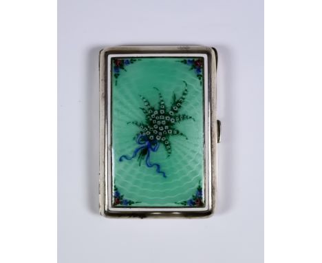 A 20th Century Alpacca White Coloured Metal and Enamel Rectangular Cigarette Case, the lid decorated with a bunch of flowers 