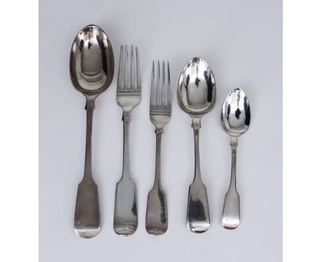 A Selection of Georgian and Victorian Silver Fiddle Pattern Flatware, various makers and dates, comprising - sixteen table fo