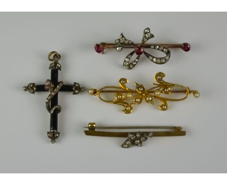 A Mixed Lot of Seed Pearl and Gem Set Items, comprising - 15ct gold bar brooch set with seed pearls, 45mm overall, gross weig