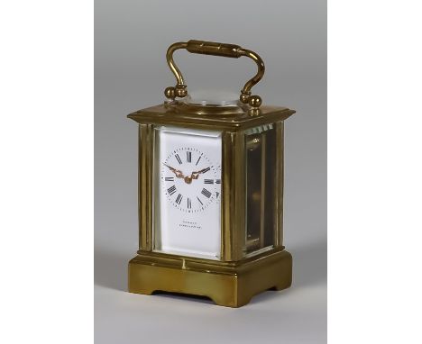 An Early 20th Century French Lacquered Brass Miniature Carriage Timepiece, retailed by Tanner of Cirencester,  the white enam