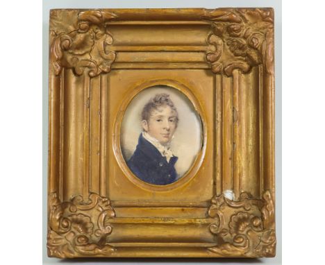 Early 19th Century English School - Pen and watercolour - Miniature portrait painting of a young man wearing high collar and 