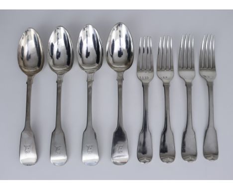 A Selection of Georgian and Victorian Silver Fiddle Pattern Flatware, including, seven table forks, by William Eton, London 1