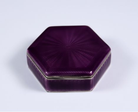 An Early 20th Century Continental Silver and Purple Enamel Hexagonal Box, by A W and stamped 935 standard, the lid and sides 