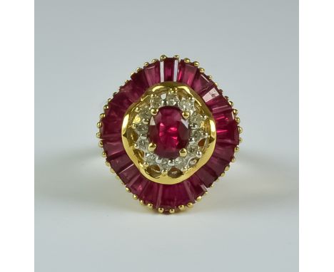 A Ruby and Diamond Cluster Ring, Modern, 18ct gold set with a central ruby, approximately .50ct, surrounded by small diamonds