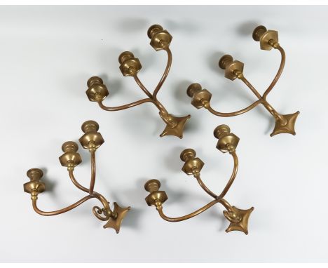 A Set of Four Triple Light Brass Wall Lights, 20th Century, of early 18th Century design, 12ins wide x 10ins high