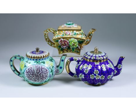 Three Gilt Metal and Enamel Teapots and Covers, after Chinese Originals, Modern, all 3.75ins high