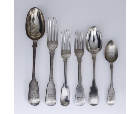 A Selection of Georgian and Victorian Silver Fiddle Pattern Flatware, various makers and dates, comprising - three tablespoon