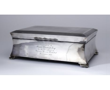 A George V Large Silver Rectangular Cigarette Box, by Charles S. Green &amp; Co., Ltd., Birmingham 1929, of waisted form with