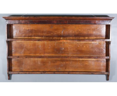 An Old Oak Three-Tier Open Front Wall Shelf, with moulded cornice, mahogany veneered frieze and waterfall sides, 70.5ins wide