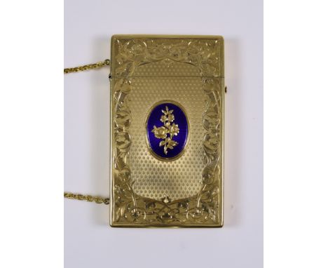 An Early 20th Century French 18ct Gold Rectangular Card Case, stamped convention mark, set with oval royal blue guilloche ena