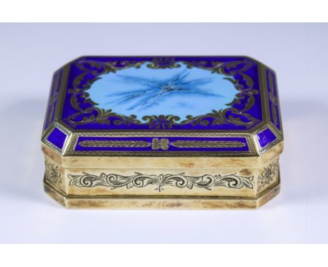 A 20th Century Continental Silver Gilt, Turquoise and Blue Enamel Rectangular Box, stamped 925 Standard, with canted corners,