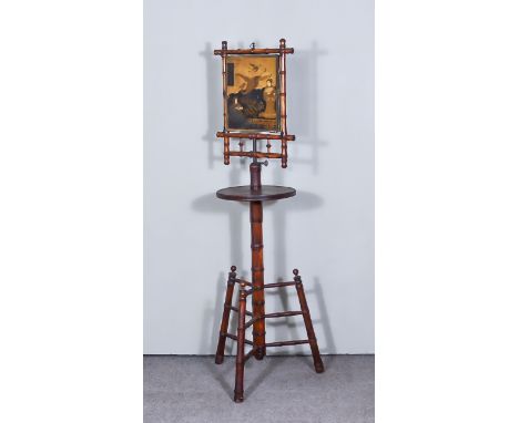 A Victorian Bamboo Framed Adjustable Rectangular Shaving Mirror, inset with lacquer panels, on turned central column and trip