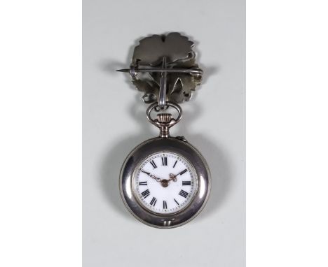 An Early 20th Century Swiss Lady's Silvery Metal and Enamel Fob Watch, the white enamel dial with Roman numerals, the movemen