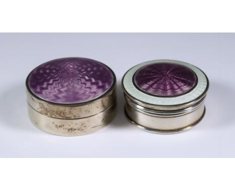 Two Silver and Enamel Circular Boxes, one by Miller Bros, Birmingham 1911, the lid with purple and white guilloche enamel 1.8