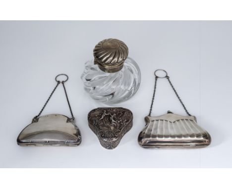 A Late Victorian Silver Mounted and Clear Glass Inkwell and mixed silverware, the inkwell mount by John Thomas Heath &amp; Jo