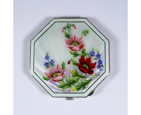 An Elizabeth II Silver and Enamel Octagonal Compact, by Garrard & Co. Ltd. Birmingham 1959, the lid decorated with floral spr