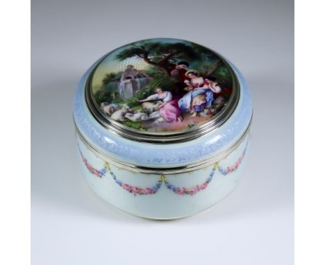 An Early 20th Century Continental Silver, Silver Gilt and Enamel Circular Box, with import mark for Stockwell & Co. London 19