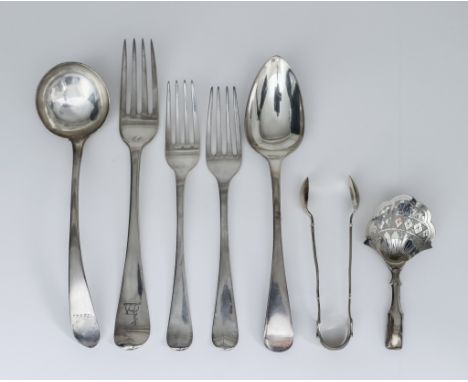 A George IV Scottish Silver Sauce Ladle, a Victorian Silver Caddy Spoon and a Selection of Georgian Silver Flatware, the sauc