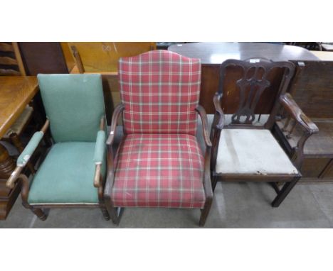 Two George III mahohany and fabric upholstered armchairs and a Chippendale style mahogany carver chair 
