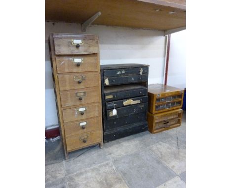 Two vintage Perivale Sewing Silks counter top haberdashery shop cabinets and two chests 