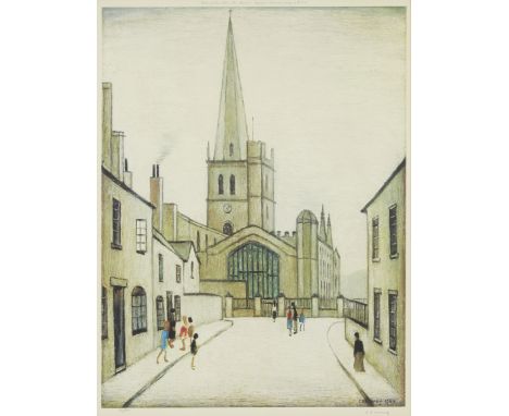 Laurence Stephen Lowry RBA RA, British 1887-1976,Burford Church, after a painting of 1948;lithograph in colours on wove,  sig