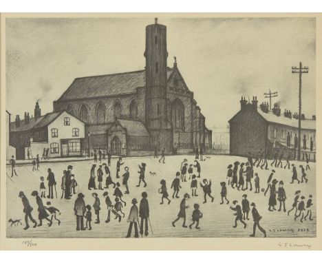 Laurence Stephen Lowry RBA RA, British 1887-1976,   St Mary's Beswick;monochrome lithograph on paper,  signed in pencil and n