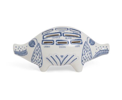 Grayson Perry CBE RA, British 1960-Piggy Bank, 2021;ceramic in blue and cream, produced by the Serpentine Galleries, dimensio