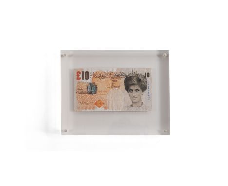 Banksy,  British b.1974-   Di-Faced Tenner;   offset lithograph on wove, sheet: 7.6 x 14.3 cm, contained within a Perspex box