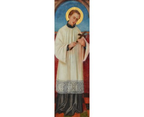 A full length portrait of a Saint holding a crossOil on canvas, laid down, with gold halo81 x 26.5cm