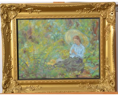 SHEILA TIFFIN Self Portrait, Lamorna WoodsOil on canvasSigned Inscribed to the back 29 x 39cm