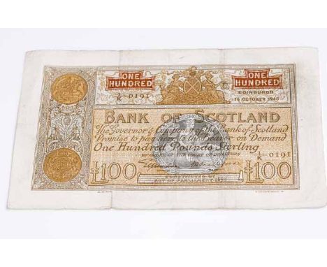 BANK OF SCOTLAND £100 BANKNOTE
Edinburgh 16th October 1946, serial number 1/K 0191, red and ocre, values at bottom corners, a