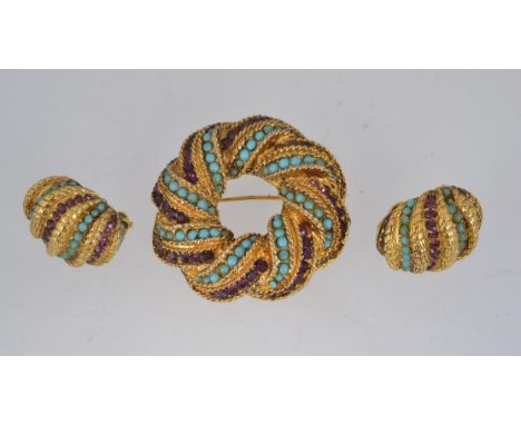 A good vintage 1950s yellow metal brooch and earring demi parure set with amethyst and turquoise the brooch having a roller b