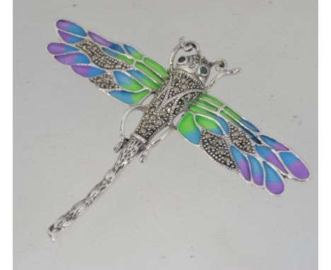 A large 925 silver plique a jour brooch in the form of a  dragonfly  with marcasite set  body with emerald green stone eyes b