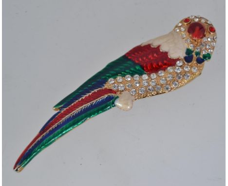 A large vintage parrot brooch pin with enamel and paste set decorated body with roller clasp. Measures 10cms. Weight 21g