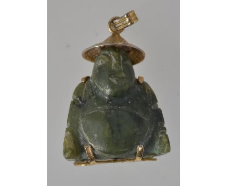 A 1950s carved jade budda pendant with yellow metal banding and Chinese symbols. Measures 3.5cms