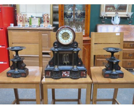 GOOD QUALITY DECORATIVE VICTORIAN BLACK SLATE CLOCK AND GARNITURE SET WITH ENAMELLED CIRCULAR DIAL 