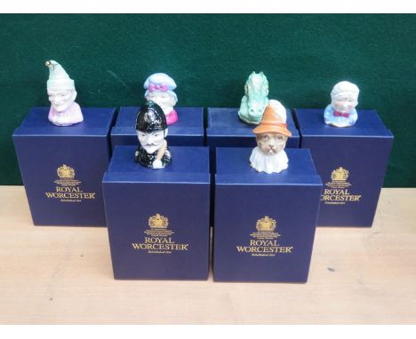 SET OF SIX BOXED ROYAL WORCESTER CONNOISSEUR COLLECTION CANDLE SNUFFERS INCLUDING PUNCH & JUDY, ALL WITH CERTIFICATES OF AUTH