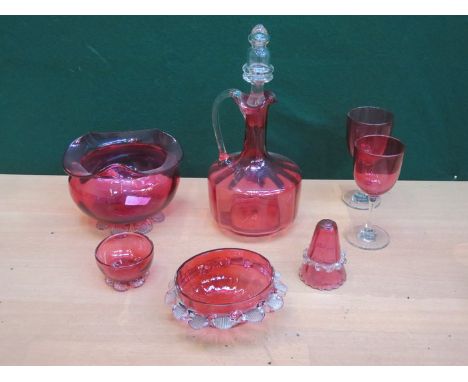 SEVEN PIECES OF CRANBERRY COLOURED GLASS INCLUDING DECANTER 