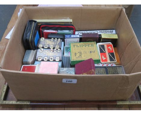 BRASS DECORATED WOODEN ORIENTAL TRAY AND PARCEL OF VARIOUS PLAYING CARDS AND JAPANESE GAME COUNTERS, ETC.