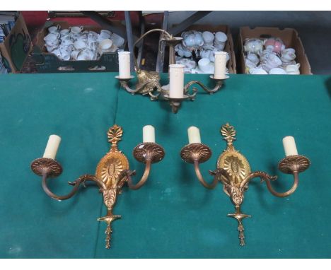 PAIR OF GILT METAL WALL HANGINGS AND THREE SCONCE LIGHT FITTING