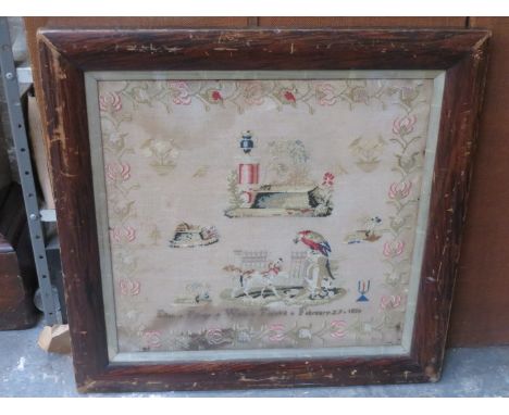 LARGE ROSEWOOD FRAMED EARLY VICTORIAN SAMPLER, APPROXIMATELY 59cm x 59cm 