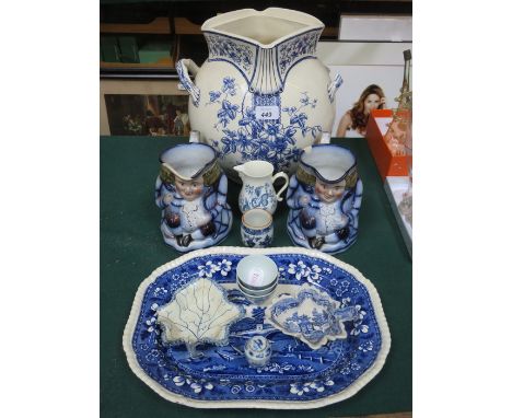 VARIOUS BLUE AND WHITE CERAMICS INCLUDING TWO LEAF DISHES, ROYAL WORCESTER MILK JUG, PAIR OF TOBY JUGS AND LARGE TWO HANDLED 