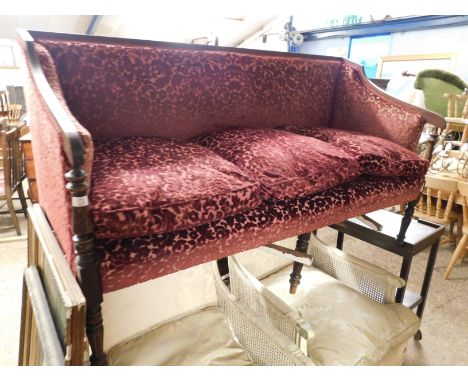 EDWARDIAN MAHOGANY THREE SEATER SOFA WITH RED CUSHIONS AND REEDED LEGS   