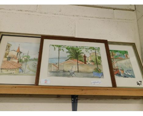 THREE FRAMED WATERCOLOURS OF CONTINENTAL VIEWS, INITIALLED 'R' DATED 54   