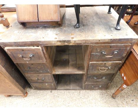 GOOD QUALITY HEAVY DUTY WORK BENCH OR CLERK'S BENCH FITTED WITH EIGHT DRAWERS WITH OPEN SHELVES   