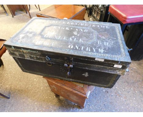 19TH CENTURY LEATHER AND BRASS BUTTONED TRUNK WITH STENCILLED WRITING FOR MR BUCKLEY BRISTOL   