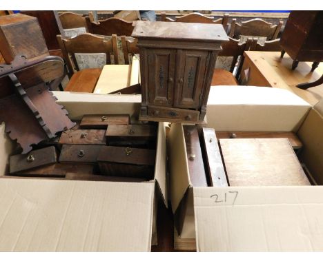 TWO BOXES OF MIXED 19TH CENTURY DRAWERS, MAHOGANY SHELF UNIT, SMALL OAK APPRENTICE PIECE FORMED AS A WARDROBE ETC   