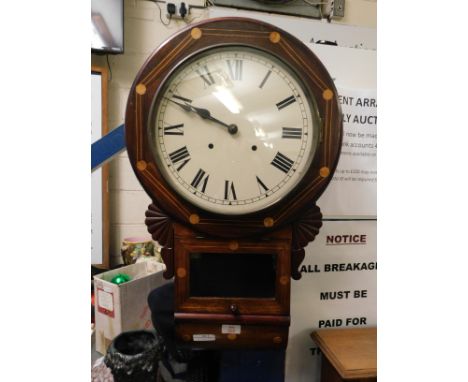 WALNUT AND INLAID CIRCULAR DROP DIAL CLOCK WITH ENAMELLED ARABIC CHAPTER RING   