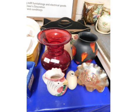 MIXED LOT OF PAINTED MAGAZINE RACK, RED GLASS VASE, CARNIVAL GLASS DISH, POOLE VASE ETC   