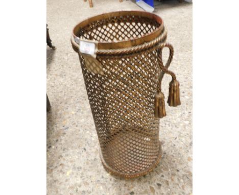 MODERN GILT METAL CIRCULAR STICK STAND WITH GRILLE DETAIL AND TASSELS   